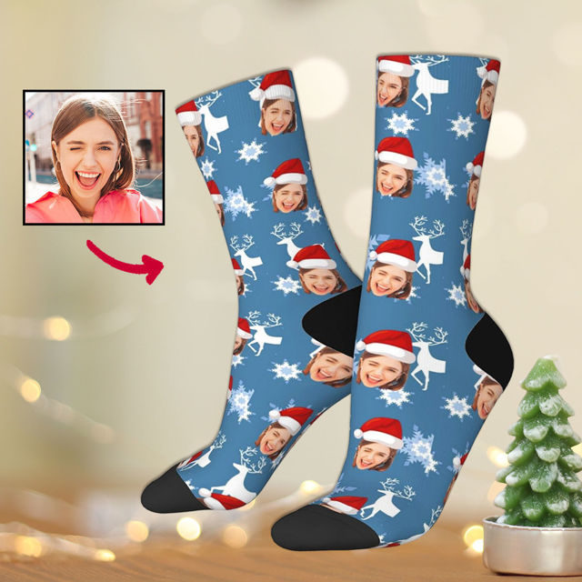 Picture of Custom Photo Face Christmas Socks - Dark Blue with Reindeer Style - Personalized Gift for Family and Friends