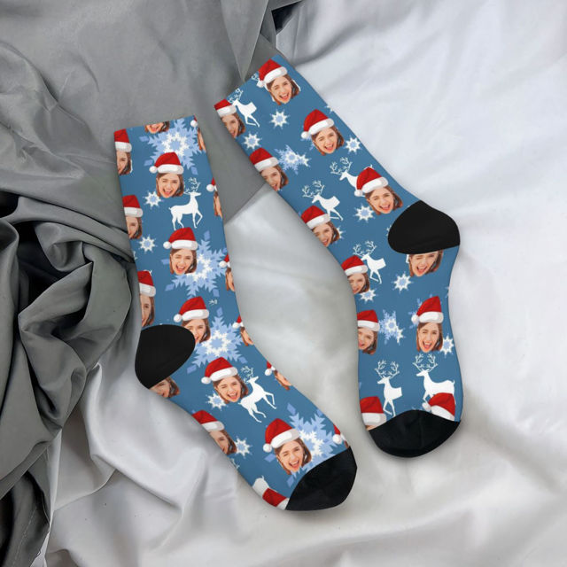 Picture of Custom Photo Face Christmas Socks - Dark Blue with Reindeer Style - Personalized Gift for Family and Friends