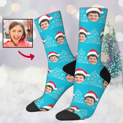 Picture of Custom Photo Face Christmas Socks - Light Blue with Christmas Hat Style - Personalized Gift for Family and Friends