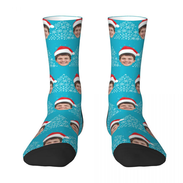 Picture of Custom Photo Face Christmas Socks - Light Blue with Christmas Hat Style - Personalized Gift for Family and Friends