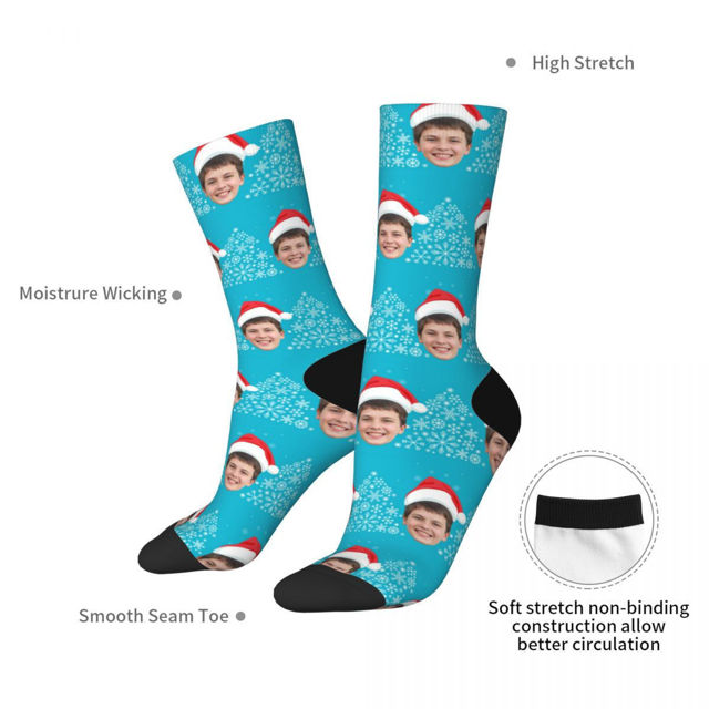 Picture of Custom Photo Face Christmas Socks - Light Blue with Christmas Hat Style - Personalized Gift for Family and Friends