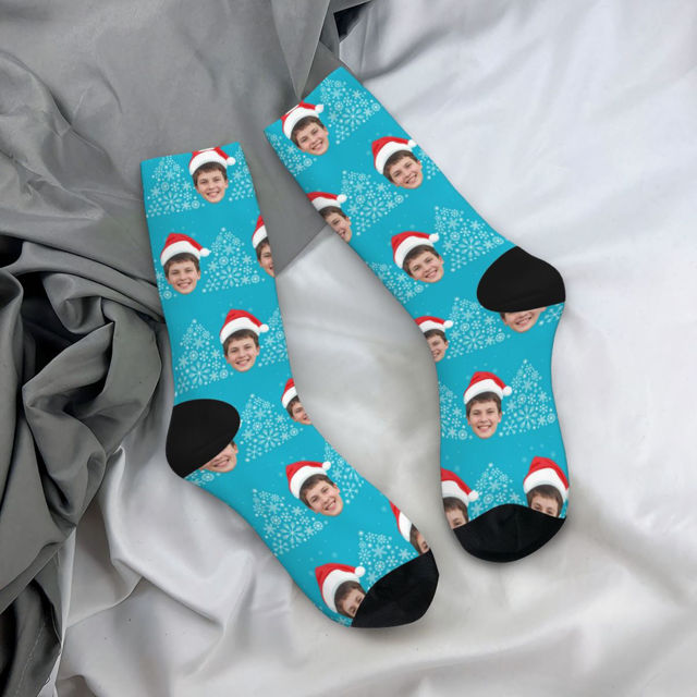 Picture of Custom Photo Face Christmas Socks - Light Blue with Christmas Hat Style - Personalized Gift for Family and Friends