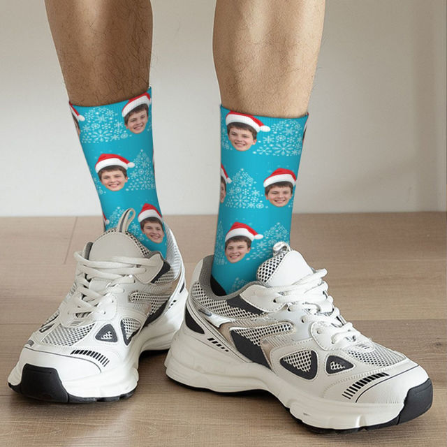 Picture of Custom Photo Face Christmas Socks - Light Blue with Christmas Hat Style - Personalized Gift for Family and Friends