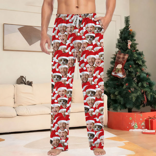 Picture of Family Custom Christmas Pajama Pants with Santa's Hat & Face - Pajama Bottoms - Christmas Gift for Friends