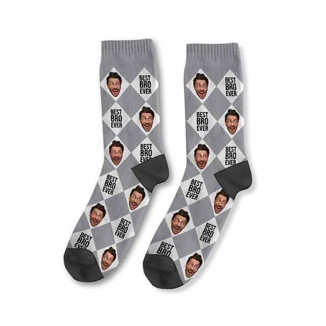 Picture of Custom Photo Face Socks with Text - Custom Plaid Socks - Personalized Gift for Couples and Family