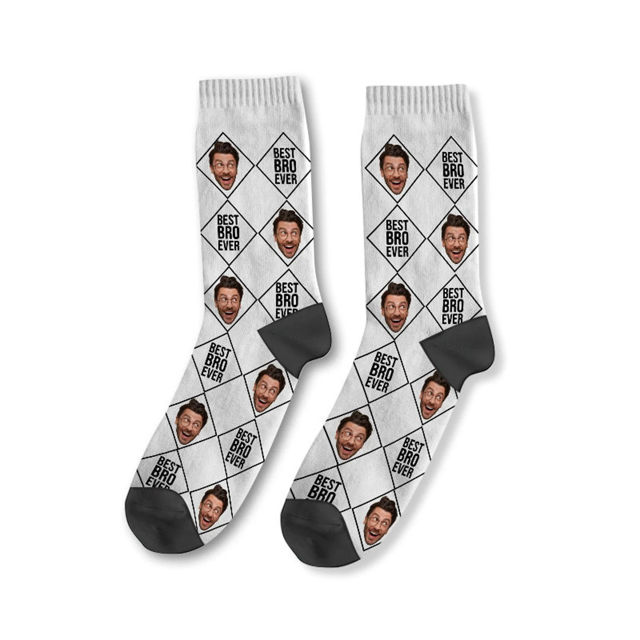 Picture of Custom Photo Face Socks with Text - Custom Plaid Socks - Personalized Gift for Couples and Family