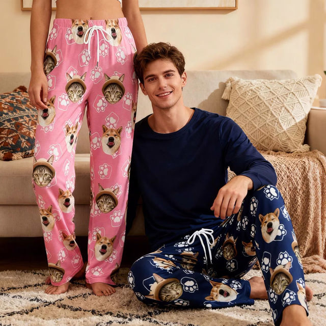 Picture of Personalized Pajama Pants with Pet Faces - Personalized Pajama bottoms with Paws - Christmas Gift for Pet Person