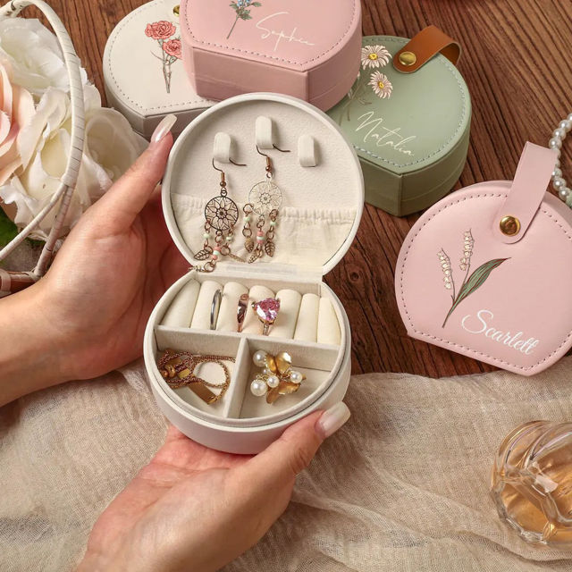 Picture of Personalised Name Jewelry Box for Bridesmaids, Personalized Travel Jewelry Box with Birth Month Flower - Mother's Day Gift