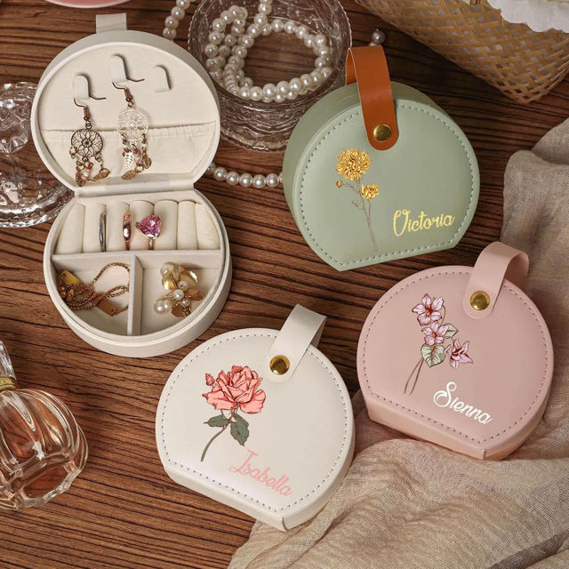 Picture of Personalised Name Jewelry Box for Bridesmaids, Personalized Travel Jewelry Box with Birth Month Flower - Mother's Day Gift
