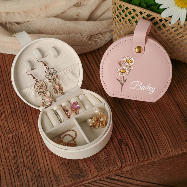 Picture of Personalised Name Jewelry Box for Bridesmaids, Personalized Travel Jewelry Box with Birth Month Flower - Mother's Day Gift