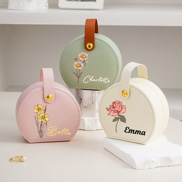 Picture of Personalised Name Jewelry Box for Bridesmaids, Personalized Travel Jewelry Box with Birth Month Flower - Mother's Day Gift