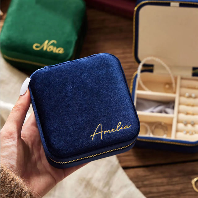 Picture of Custom Square Velvet Travel Jewelry Box - Personalized Small Travel case - Nice Bridesmaids Gift