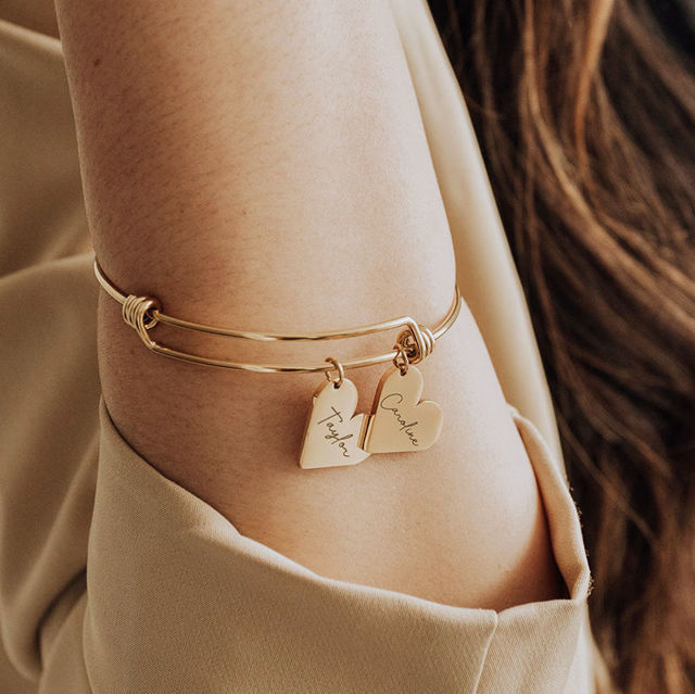 Picture of Custom Stainless Steel Bracelet - Engraved Adjustable Bracelet with Heart Shaped Pendants - Valentine's Day Gift for Her - Mother's Day Gift