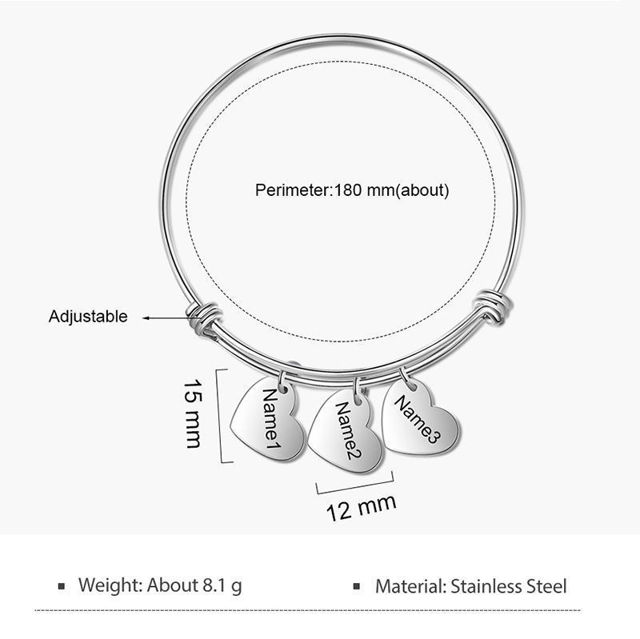 Picture of Custom Stainless Steel Bracelet - Engraved Adjustable Bracelet with Heart Shaped Pendants - Valentine's Day Gift for Her - Mother's Day Gift