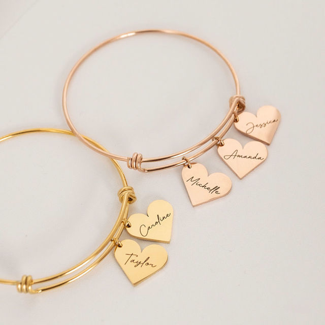 Picture of Custom Stainless Steel Bracelet - Engraved Adjustable Bracelet with Heart Shaped Pendants - Valentine's Day Gift for Her - Mother's Day Gift