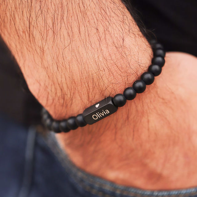 Picture of Personalized Men's Beads Bracelets with Name - Valentine's Day Gift for Him - Custom Black Agate beads Bracelet