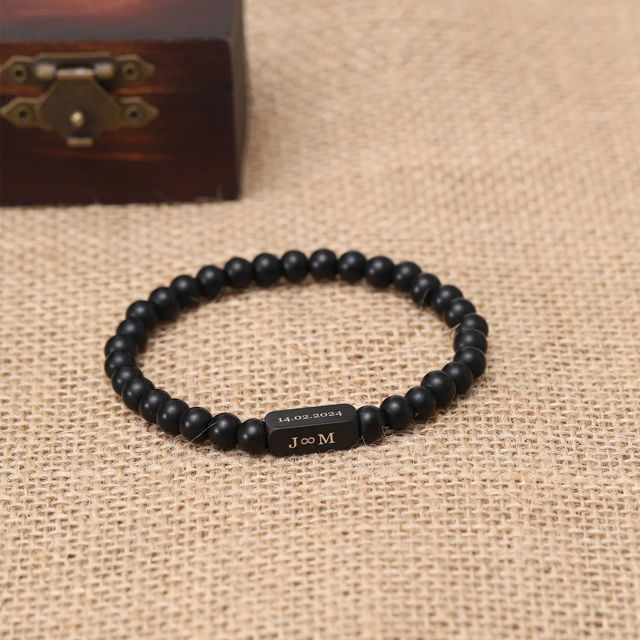 Picture of Personalized Men's Beads Bracelets with Name - Valentine's Day Gift for Him - Custom Black Agate beads Bracelet