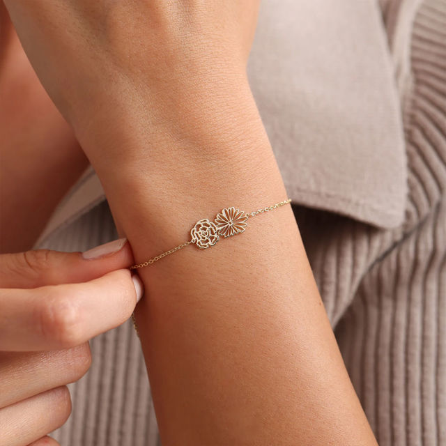Picture of Personalized Combined Birth Flower Bracelet for Her - Custom Valentines' Day Gift for Her - Mother's Day Gift