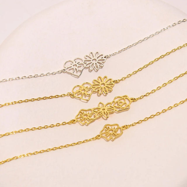 Picture of Personalized Combined Birth Flower Bracelet for Her - Custom Valentines' Day Gift for Her - Mother's Day Gift