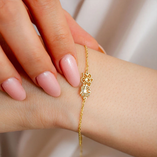 Picture of Personalized Combined Birth Flower Bracelet for Her - Custom Valentines' Day Gift for Her - Mother's Day Gift