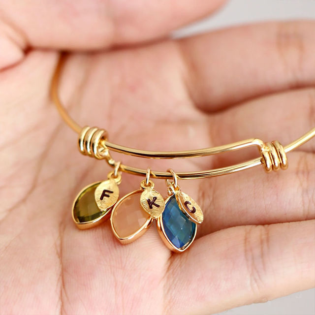 Picture of Custom Initial Bracelet with Birthstones - Personalized Mini Leaves Monogram Bracelet - Custom Engraved Bracelet - Valentine's Day Gift Her