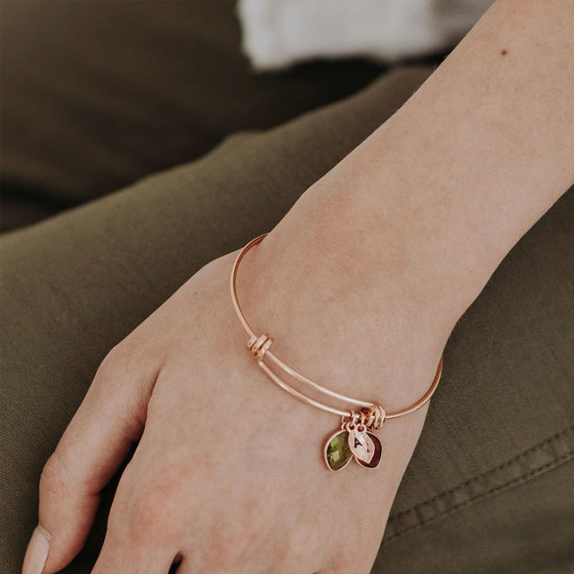 Picture of Custom Initial Bracelet with Birthstones - Personalized Mini Leaves Monogram Bracelet - Custom Engraved Bracelet - Valentine's Day Gift Her