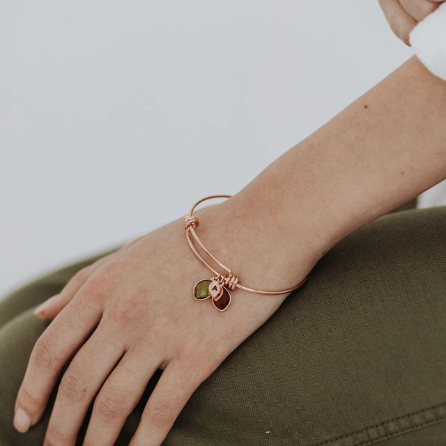 Picture of Custom Initial Bracelet with Birthstones - Personalized Mini Leaves Monogram Bracelet - Custom Engraved Bracelet - Valentine's Day Gift Her