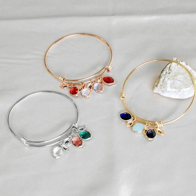 Picture of Custom Initial Bracelet with Birthstones - Personalized Mini Leaves Monogram Bracelet - Custom Engraved Bracelet - Valentine's Day Gift Her