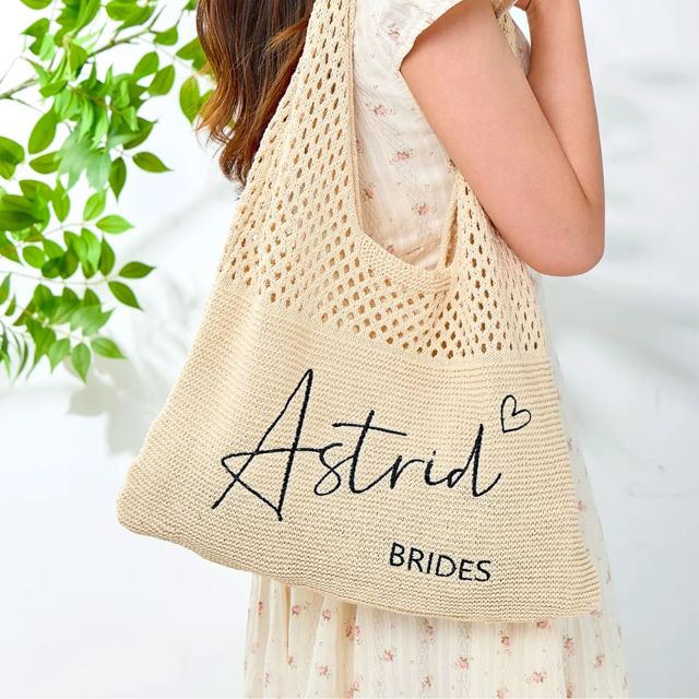 Picture of Personalized Crochet Mesh Beach Tote - Custom Crochet Embroidered Beach Tote - Custom Name Knit Tote
