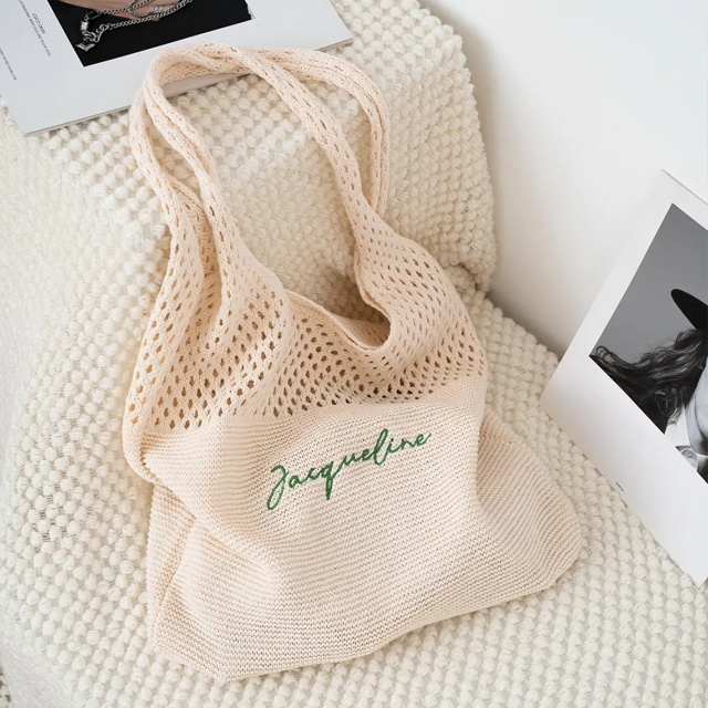 Picture of Personalized Crochet Mesh Beach Tote - Custom Crochet Embroidered Beach Tote - Custom Name Knit Tote