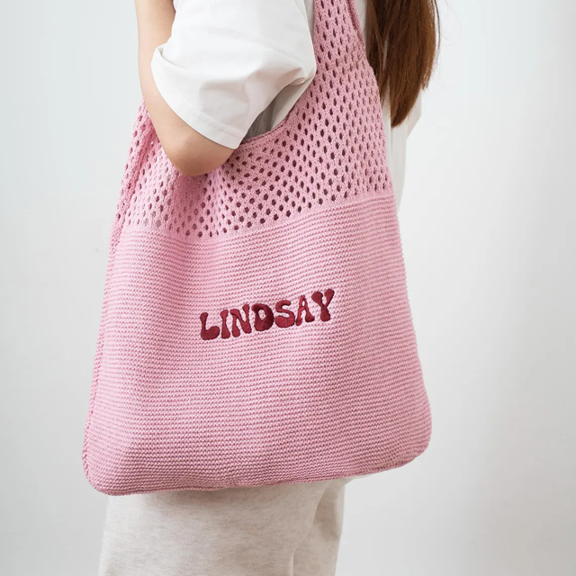 Picture of Personalized Crochet Mesh Beach Tote - Custom Crochet Embroidered Beach Tote - Custom Name Knit Tote