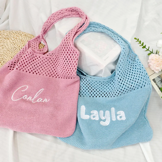Picture of Personalized Crochet Mesh Beach Tote - Custom Crochet Embroidered Beach Tote - Custom Name Knit Tote