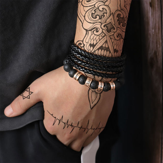 Picture of Custom Men's Lava Beads Bracelet for Papa - Engraved Kids Names Bracelet for Dad