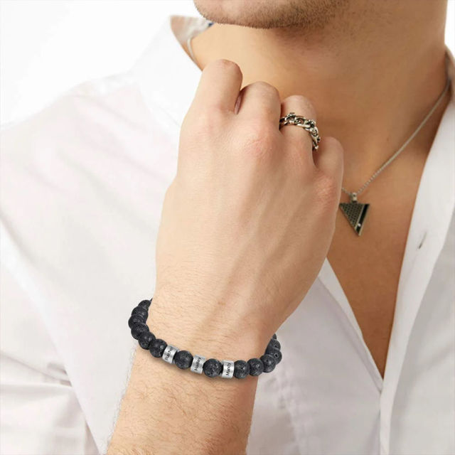 Picture of Custom Men's Lava Beads Bracelet for Papa - Engraved Kids Names Bracelet for Dad