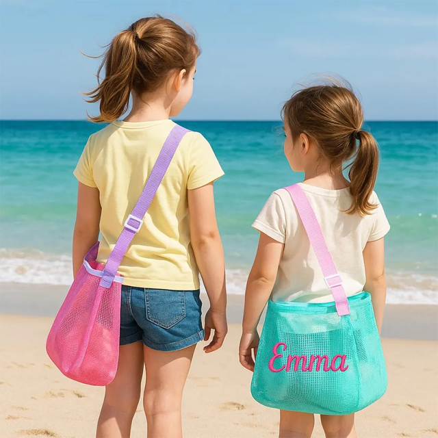 Picture of Personalized Embroidered Kids Beach Bag - Personalized Shell Zipper Mesh Backpack - Custom Kids Shell Collecting Mesh Bag