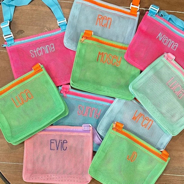 Picture of Personalized Embroidered Kids Beach Bag - Personalized Shell Zipper Mesh Backpack - Custom Kids Shell Collecting Mesh Bag