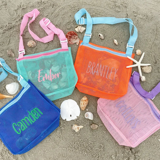 Picture of Personalized Embroidered Kids Beach Bag - Personalized Shell Zipper Mesh Backpack - Custom Kids Shell Collecting Mesh Bag