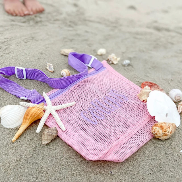 Picture of Personalized Embroidered Kids Beach Bag - Personalized Shell Zipper Mesh Backpack - Custom Kids Shell Collecting Mesh Bag