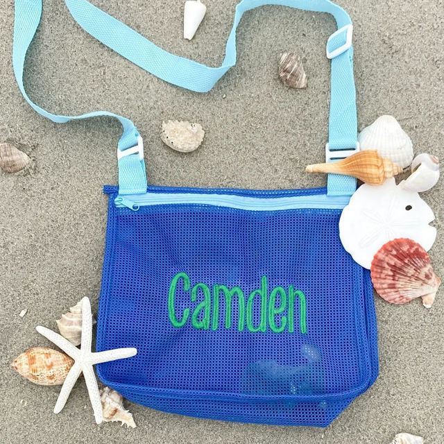 Picture of Personalized Embroidered Kids Beach Bag - Personalized Shell Zipper Mesh Backpack - Custom Kids Shell Collecting Mesh Bag