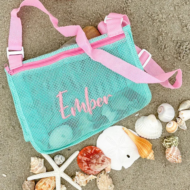 Picture of Personalized Embroidered Kids Beach Bag - Personalized Shell Zipper Mesh Backpack - Custom Kids Shell Collecting Mesh Bag