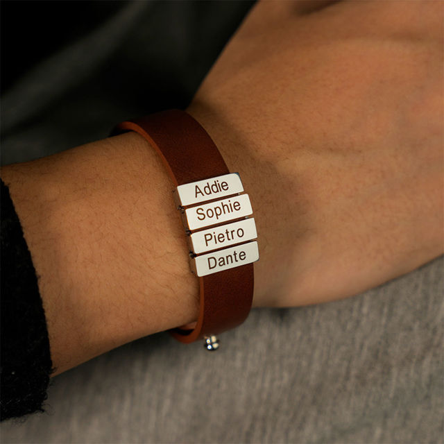 Picture of Father's Day Gift - Custom Stainless Steel Bracelet - Engraved Leather Bracelet for Men