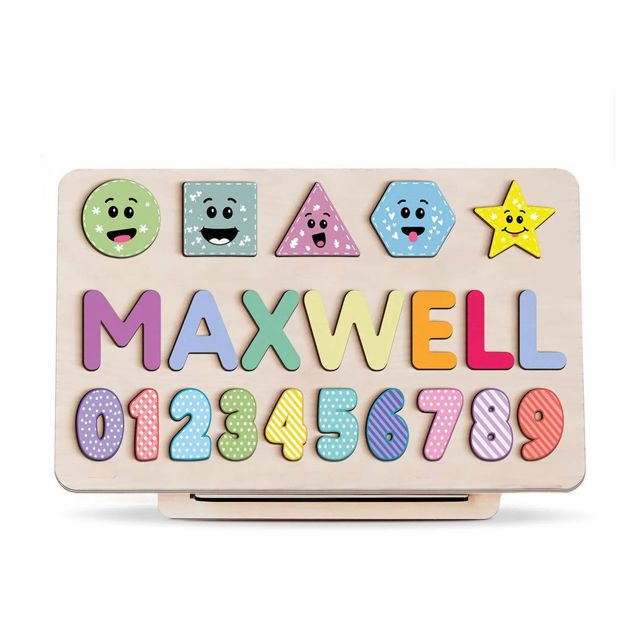 Picture of Personalized Wooden Puzzle Name Board - Graphics and Figures - Pastel Rainbow Color - Personalized Toy Gift for Baby and Kids