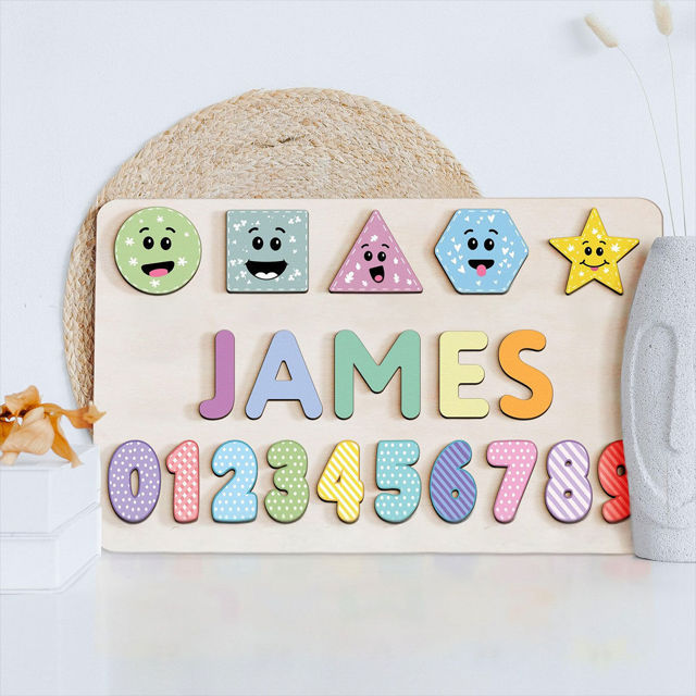 Picture of Personalized Wooden Puzzle Name Board - Graphics and Figures - Pastel Rainbow Color - Personalized Toy Gift for Baby and Kids
