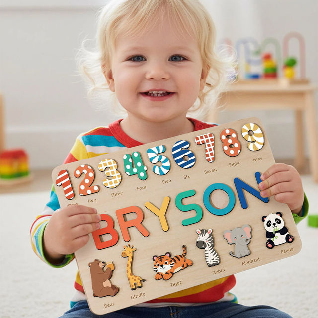 Picture of Personalized Wooden Puzzle Name Board with Cute Animals - Graphics and Figures - Rainbow Colors - Personalized Toy Gift for Baby and Kids