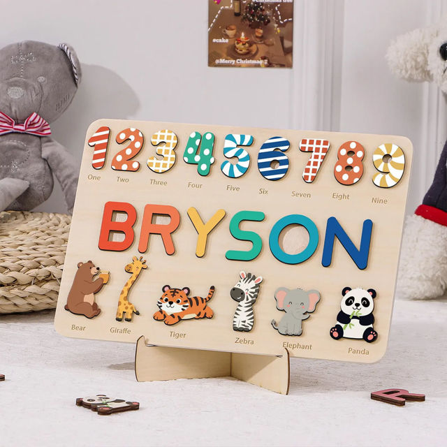 Picture of Personalized Wooden Puzzle Name Board with Cute Animals - Graphics and Figures - Rainbow Colors - Personalized Toy Gift for Baby and Kids