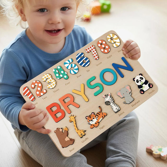 Picture of Personalized Wooden Puzzle Name Board with Cute Animals - Graphics and Figures - Rainbow Colors - Personalized Toy Gift for Baby and Kids