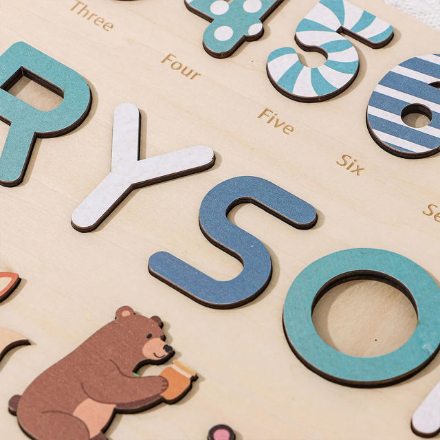 Picture of Personalized Wooden Puzzle Name Board with Cute Animals - Graphics and Figures - Rainbow Colors - Personalized Toy Gift for Baby and Kids