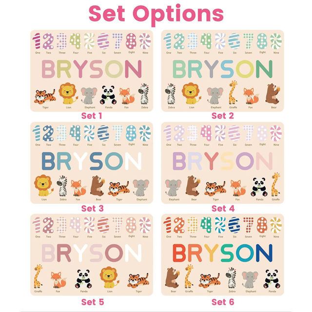 Picture of Personalized Wooden Puzzle Name Board with Cute Animals - Graphics and Figures - Rainbow Colors - Personalized Toy Gift for Baby and Kids