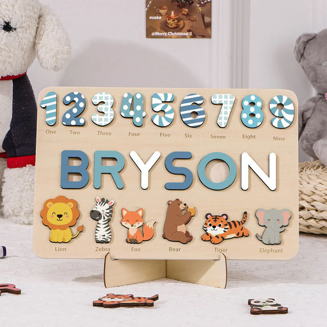 Picture of Personalized Wooden Puzzle Name Board with Cute Animals - Graphics and Figures - Rainbow Colors - Personalized Toy Gift for Baby and Kids