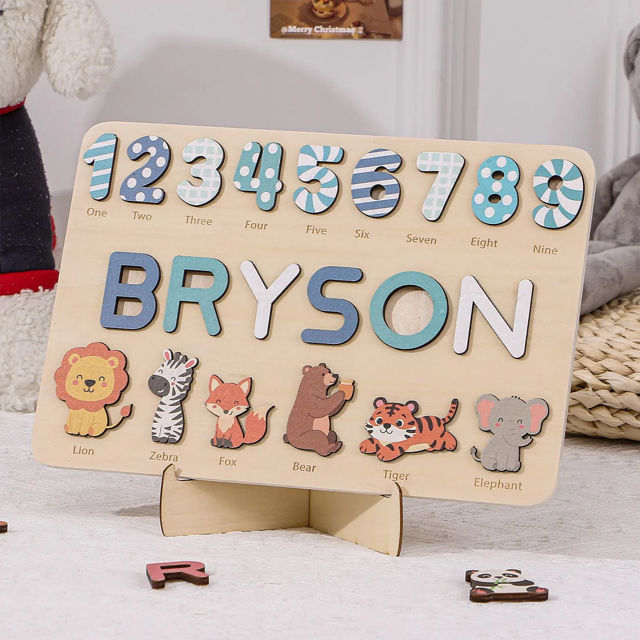 Picture of Personalized Wooden Puzzle Name Board with Cute Animals - Graphics and Figures - Rainbow Colors - Personalized Toy Gift for Baby and Kids